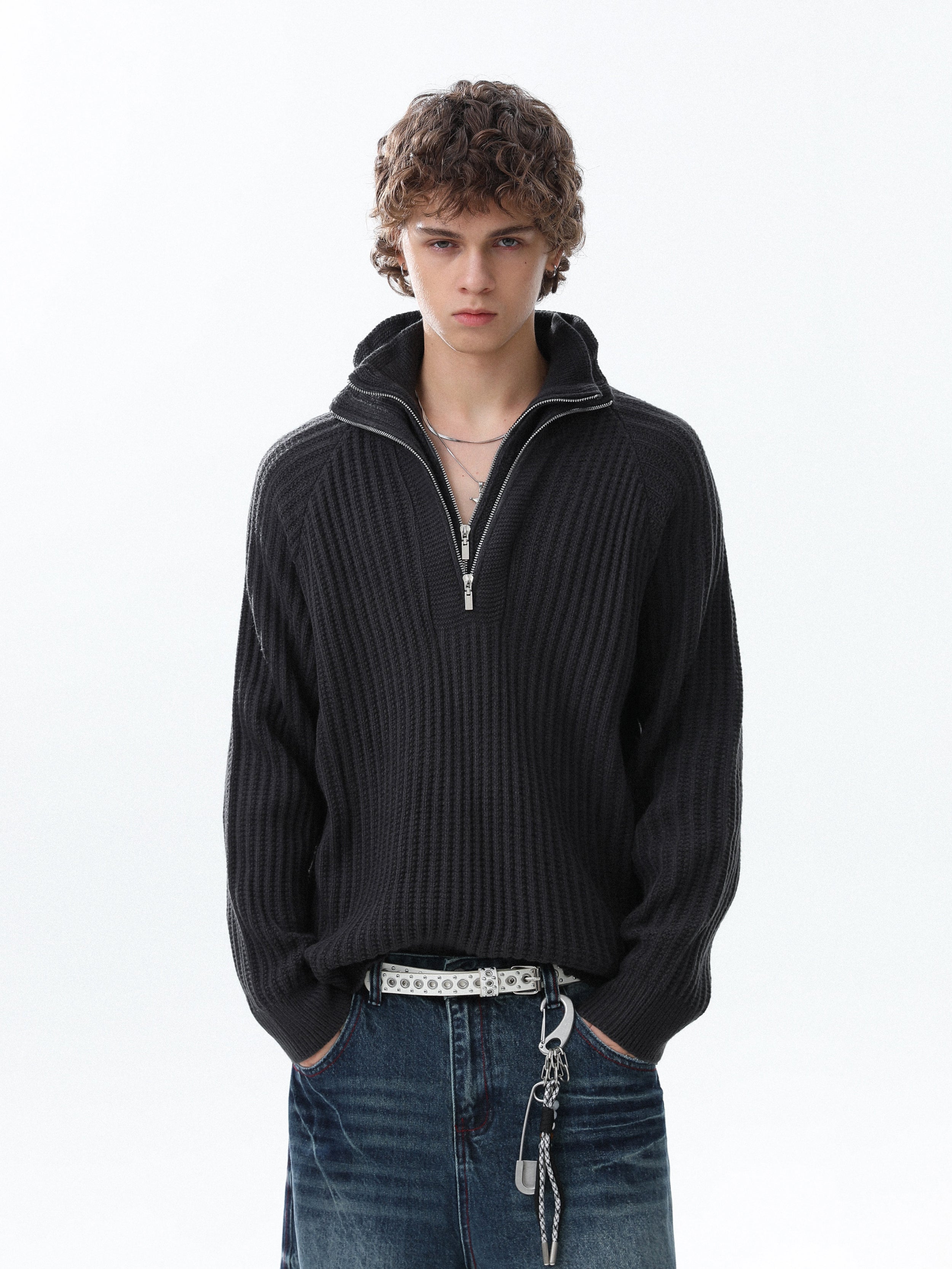 Ribbed Knit Layered Collar Half Zip Sweater