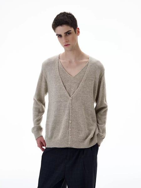 Skinny Ribbed Hem Mock Layered Button Cardigan