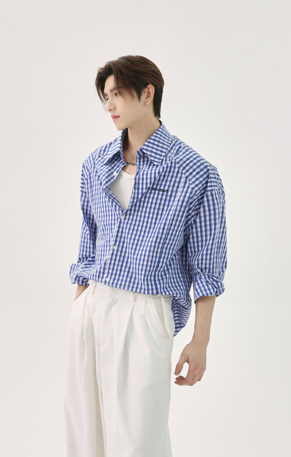 Gingham Pattern Long Sleeve Wide-Collar Button Shirt