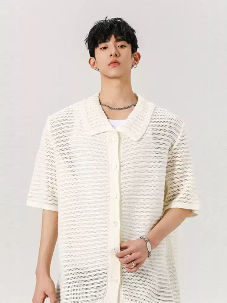 Sheer Open Knit Button-Up Short Sleeve Shirt