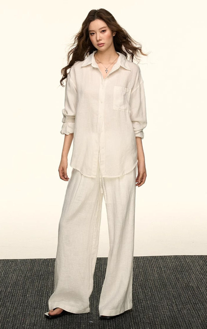 Oversized Faux-Linen Lightweight Button Shirt and Wide Leg Pants Two-Piece Set