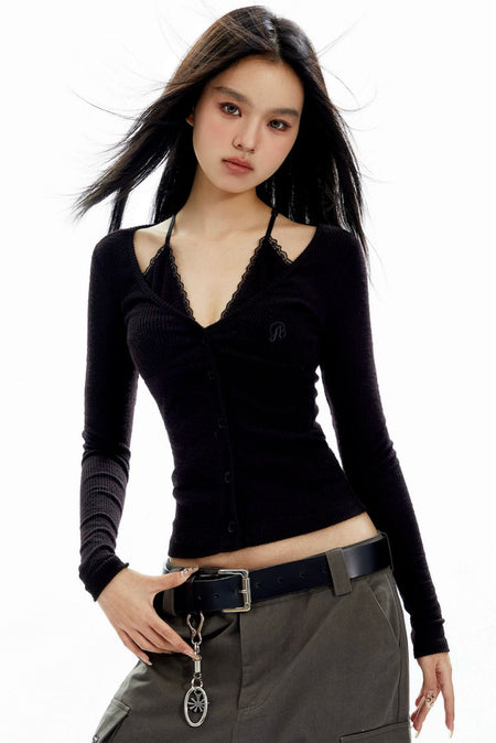 Lace Trim Button-Up Mock Two-Piece Cardigan Top