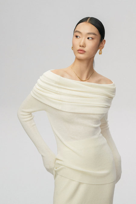 Off-Shoulder Ribbed Knit Long Sleeve Sweater Top - nightcity clothing