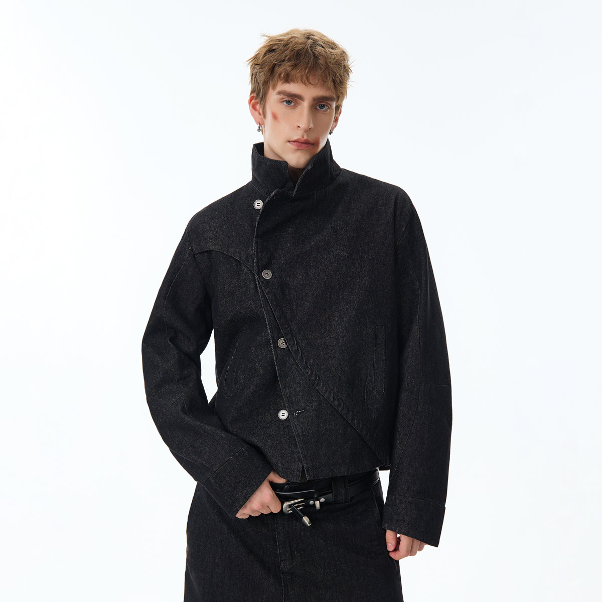 Overlap Asymmetric Button Stand Collar Denim Jacket