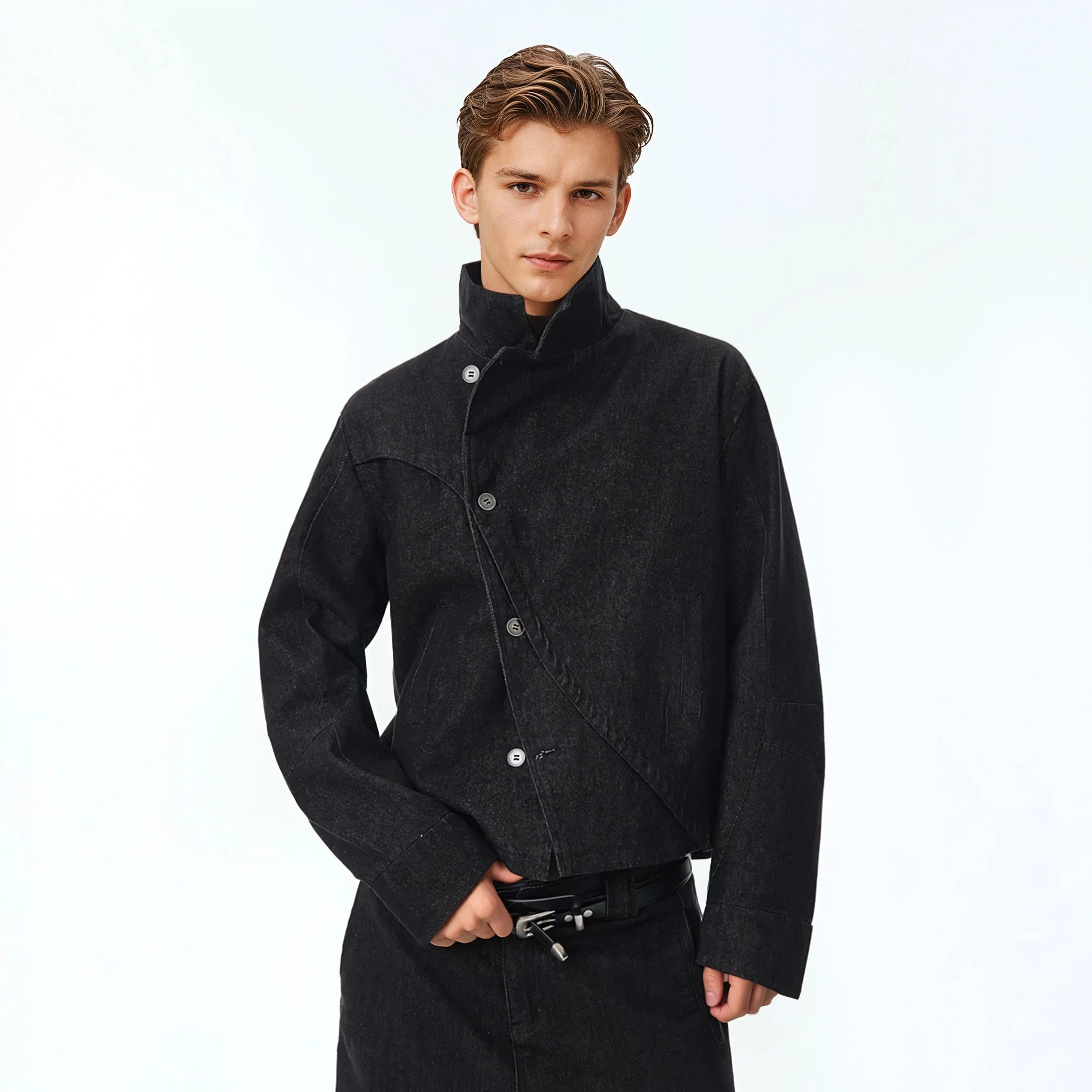 Overlap Asymmetric Button Stand Collar Denim Jacket
