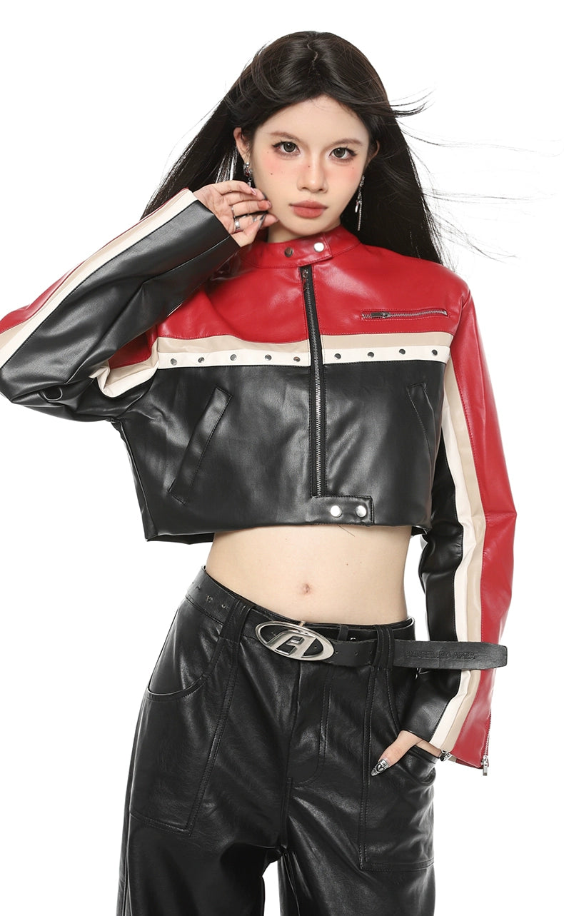 Boxy Cropped Faux Leather Racer Jacket