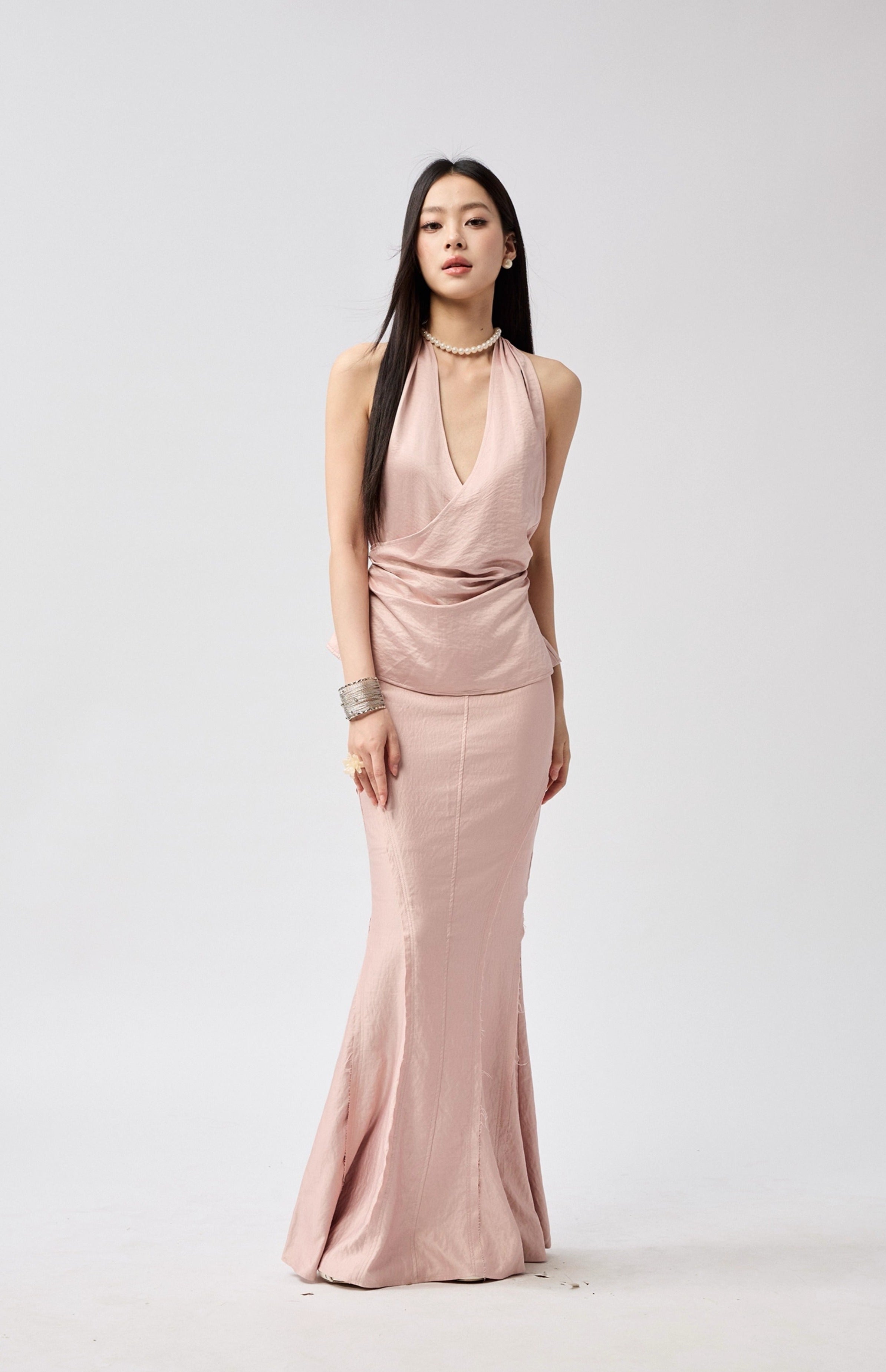 Halter Wrap Top and Fishtail Maxi Skirt Two-Piece Set
