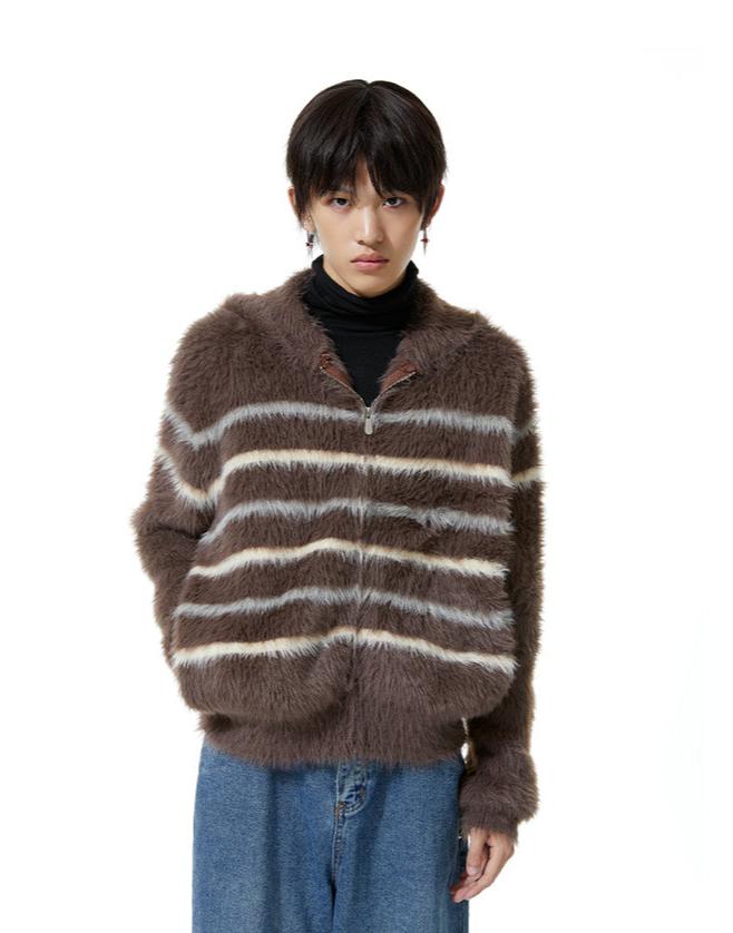 Stripe Fuzzy Zip Hooded Lightweight Jacket