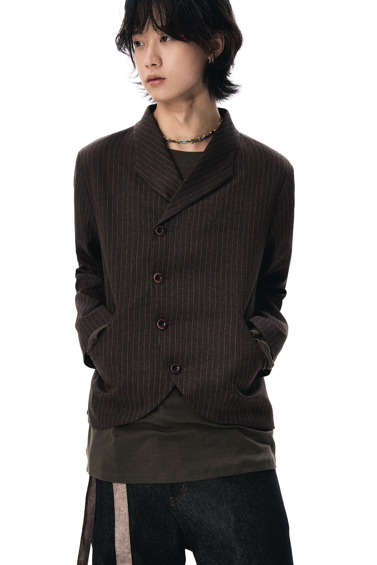 Single-Breasted Pinstripe Blazer with Curve Hem