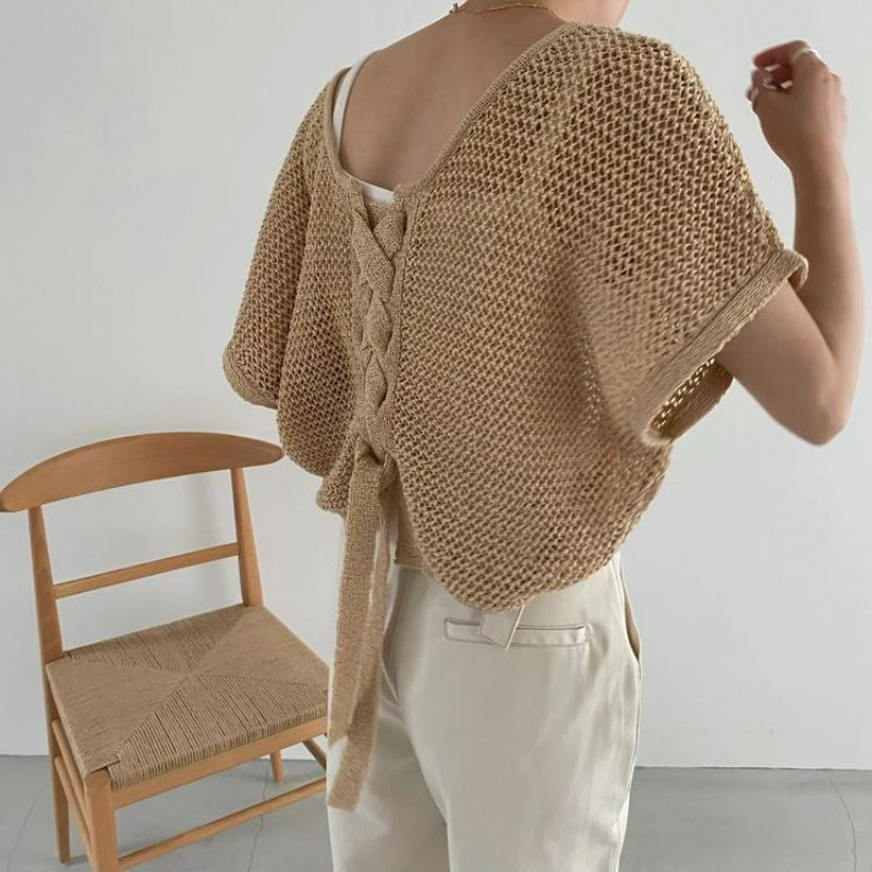 Reversible Open Knit Top with Drawstrings
