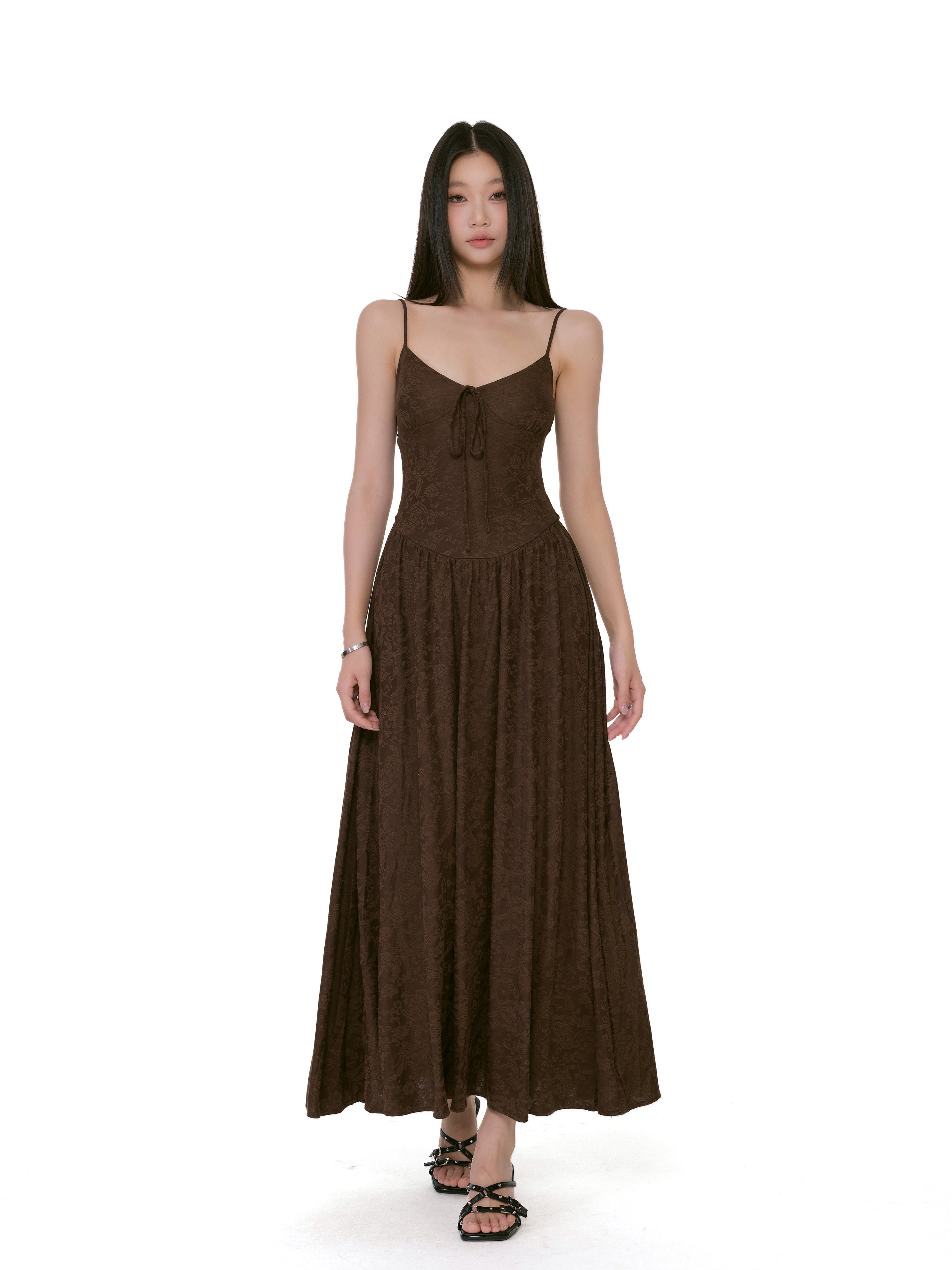 Textured Floral Pattern Spaghetti Strap Maxi Dress with Tie Front