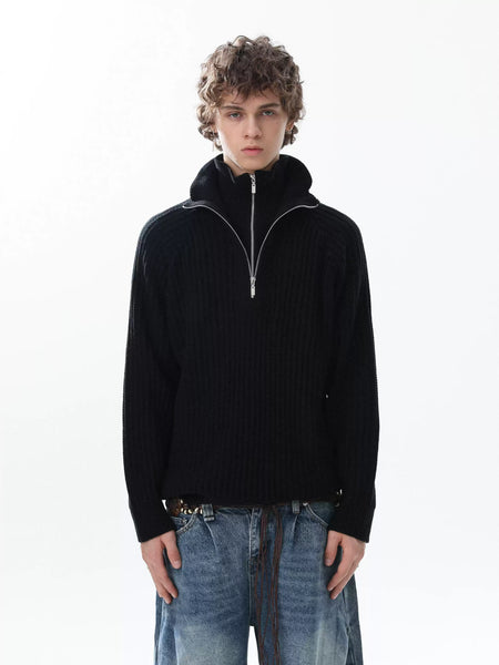 Ribbed Knit Layered Collar Half Zip Sweater - nightcity clothing