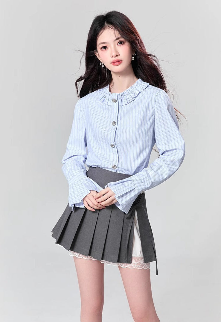 Striped Button-Up Blouse with Ruffled Collar and Flare Cuffed Sleeves