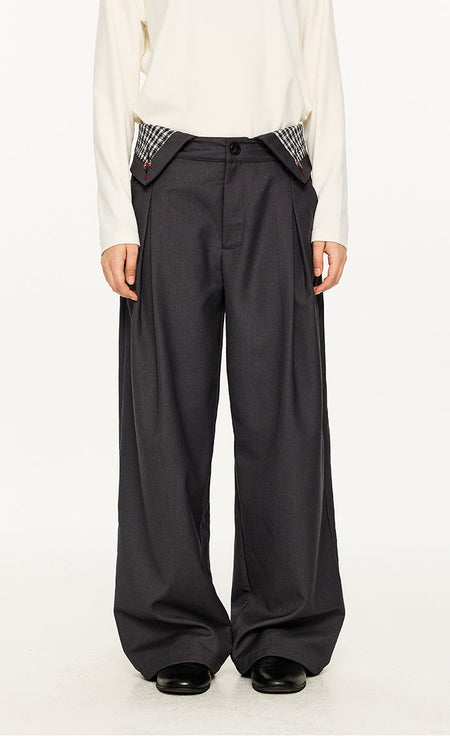 Fold-Over Plaid Pattern Waist Pleated Pants - nightcity clothing