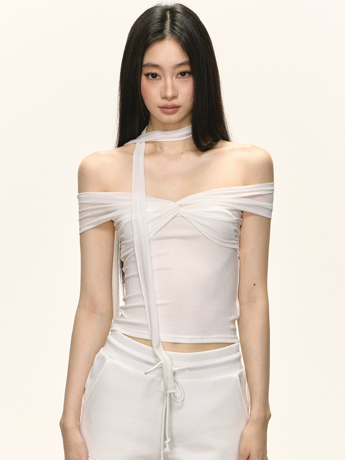 Sheer Off-Shoulder Twist Front Top with Scarf Detail