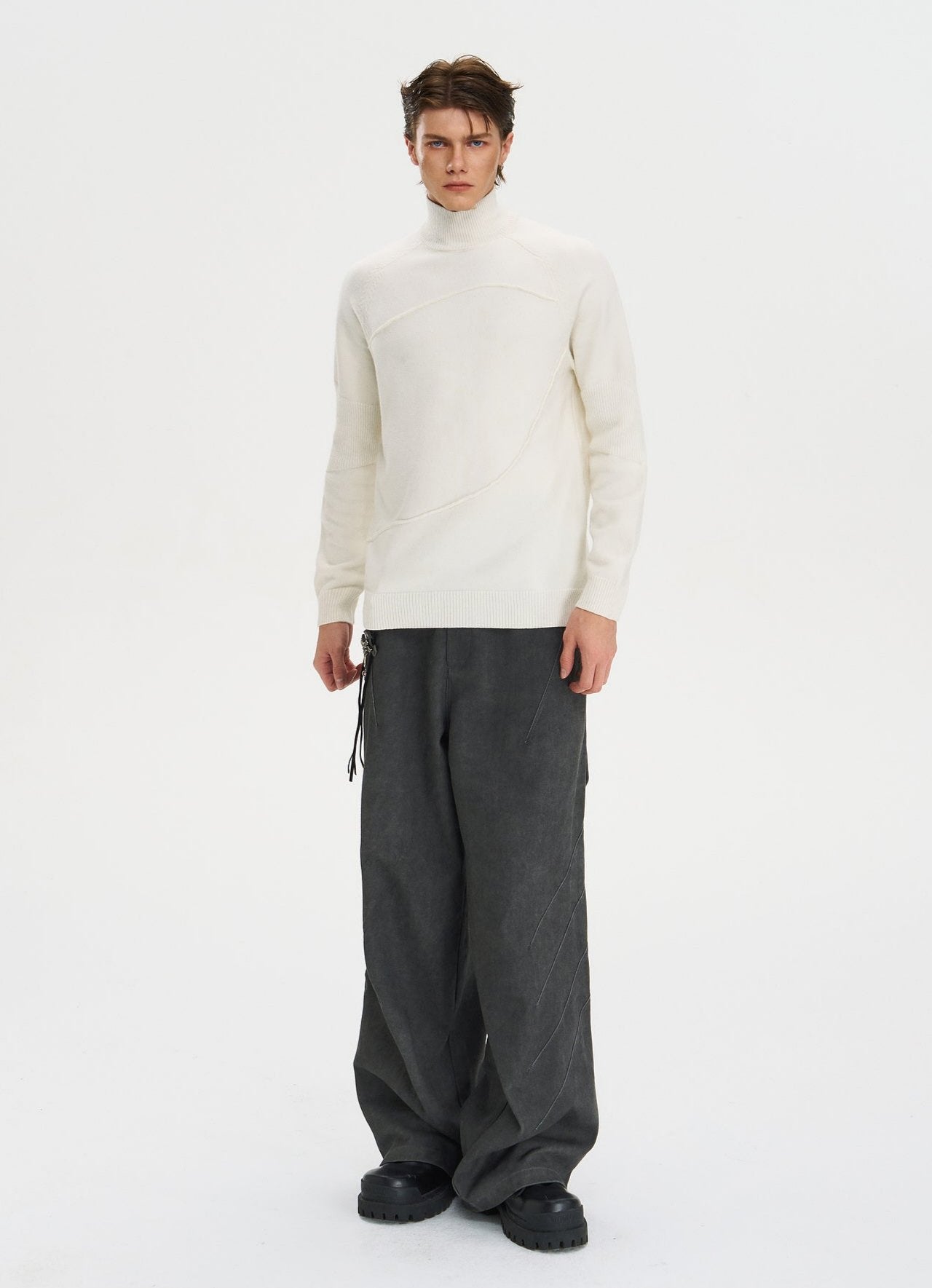 Ribbed Turtleneck Panel-Stitch Sweater