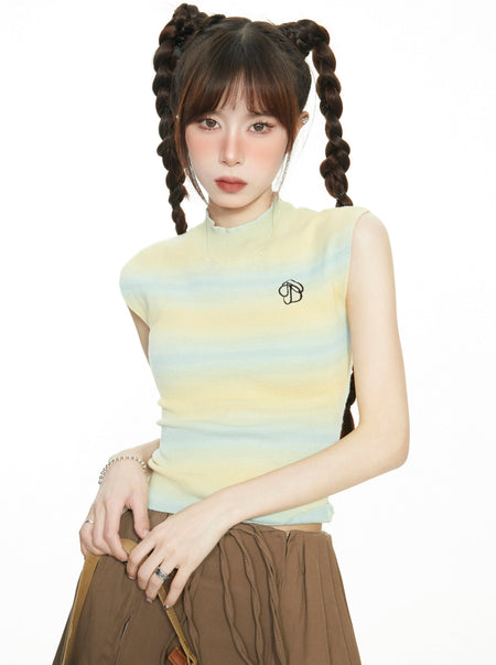 Stripe Semi High Neck Sleeveless Top