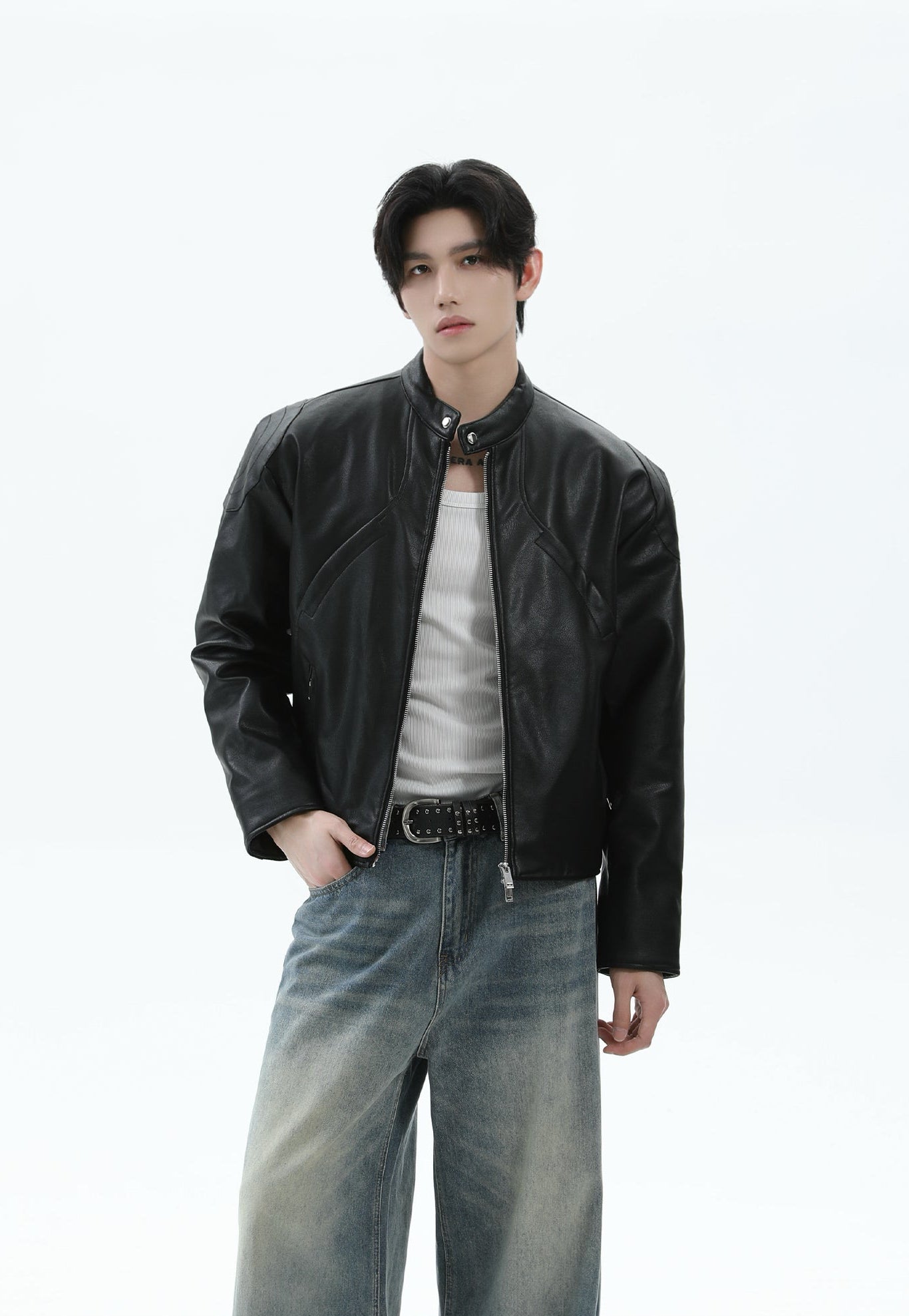 Boxy Faux Leather Racer Jacket with Zip Pockets