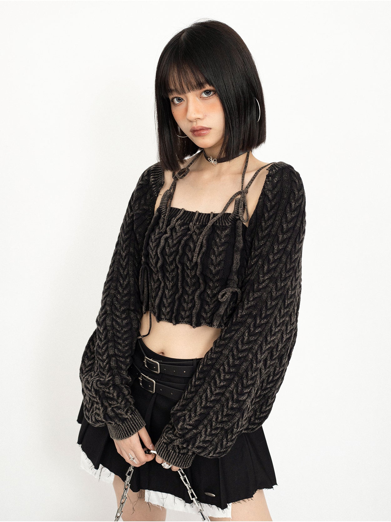 Cropped Knit String Strap and Shrug