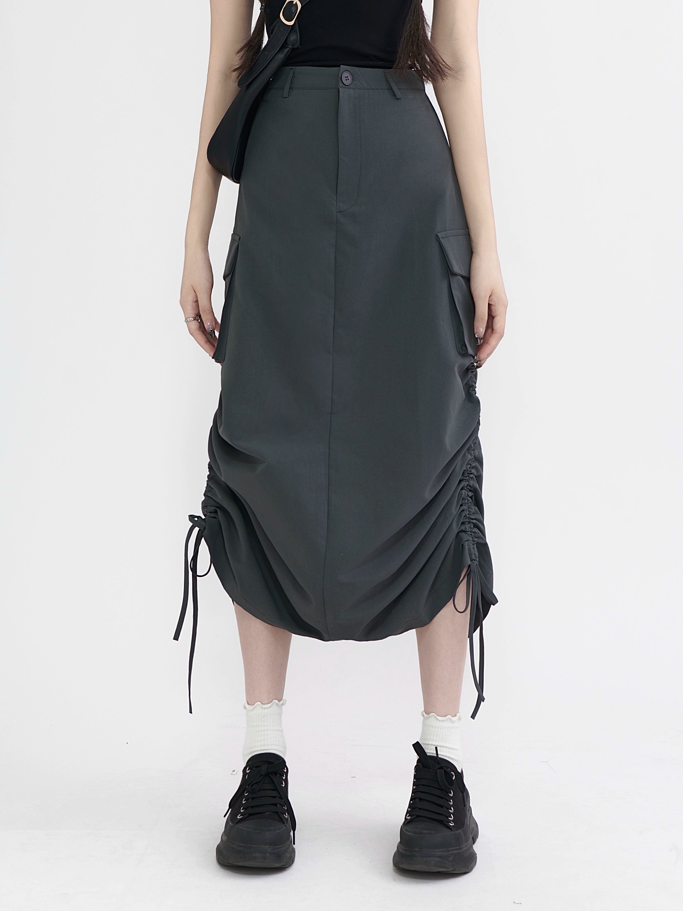Parachute Ruched Back Slit Midi Skirt