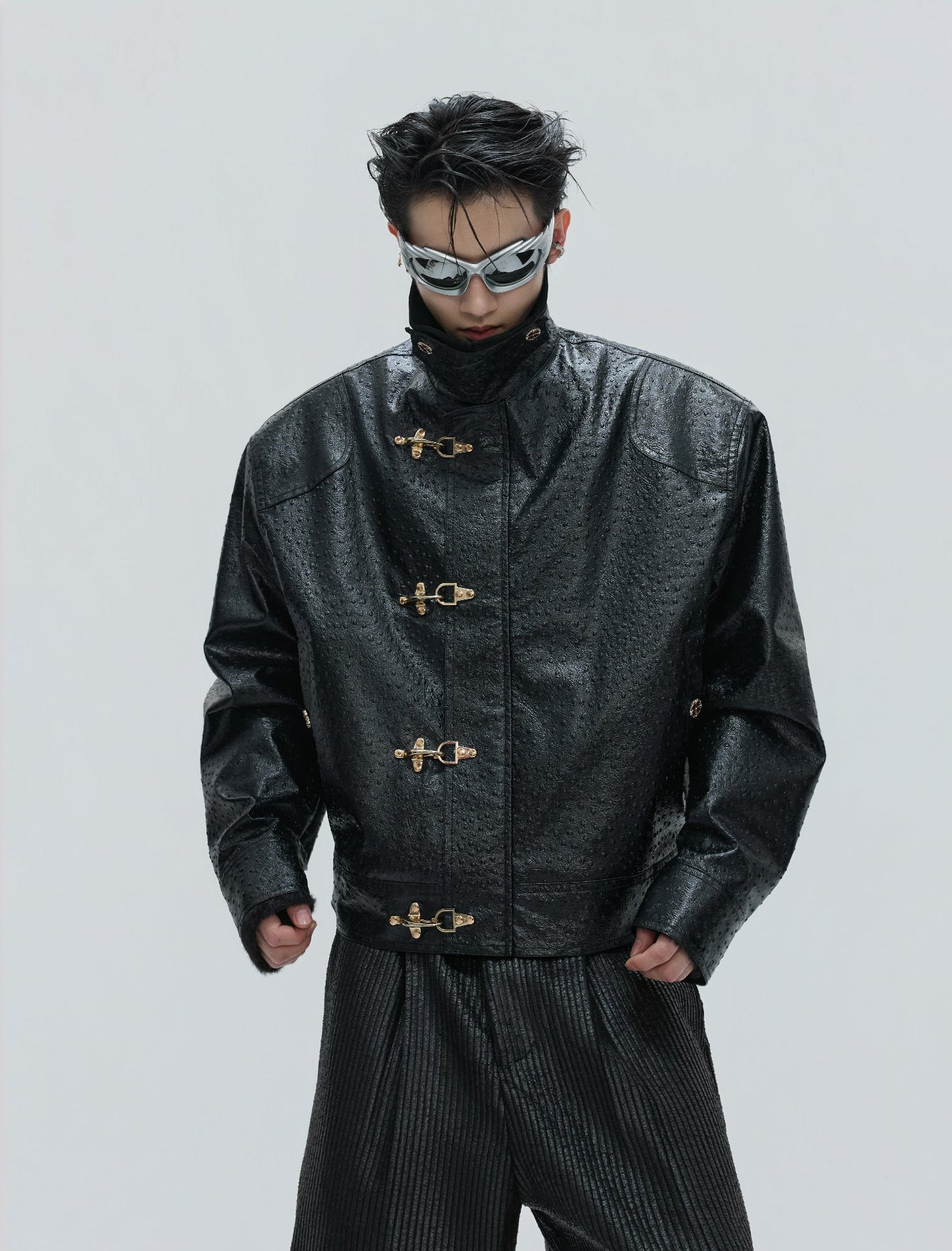 Faux Leather Textured Fireman-Clasp Boxy Jacket - nightcity clothing