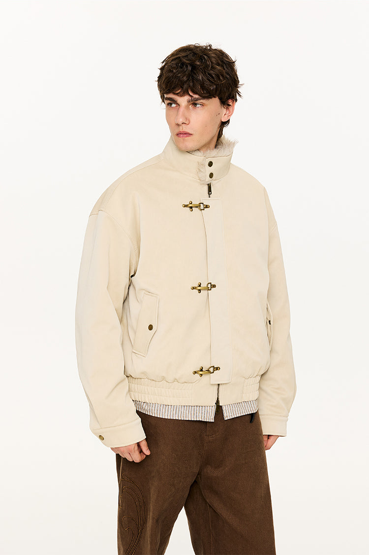 Faux Leather High Collar Fur-Lined Fireman Clasp Jacket