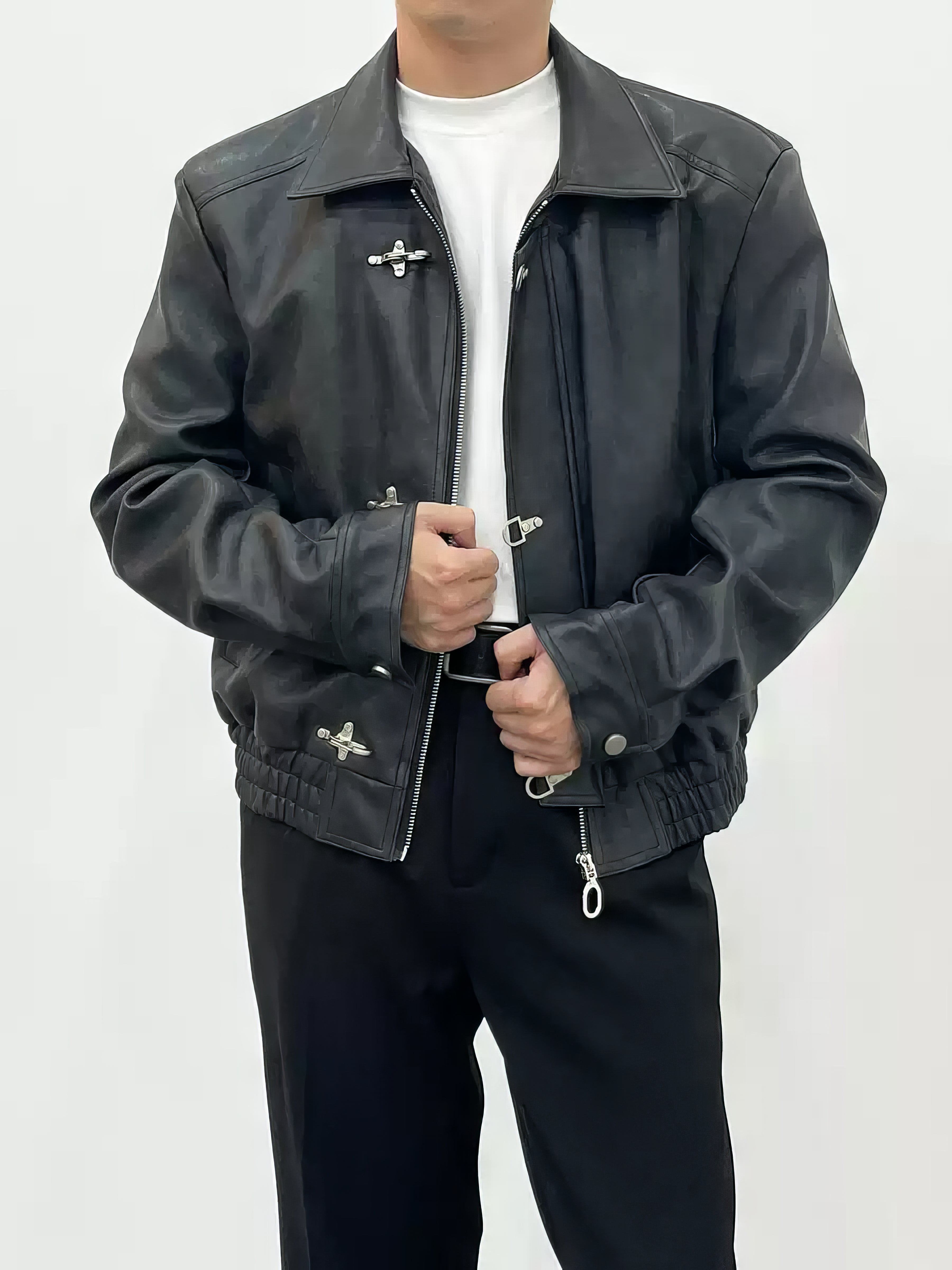 Fireman Clasp-Buckle Faux Leather Collared Jacket