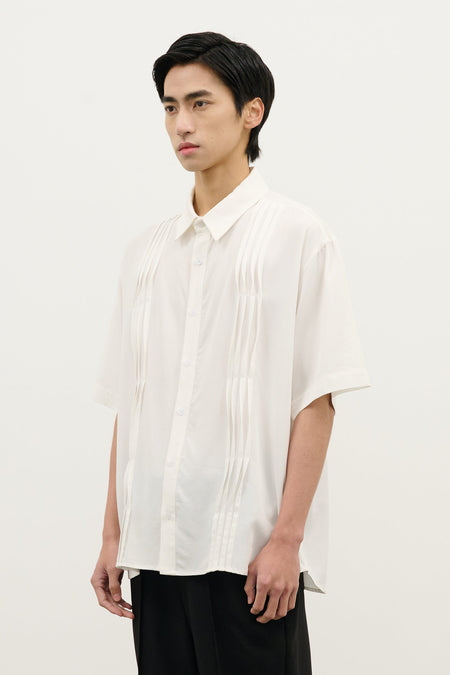 Pleated Wave-Panel Short Sleeve Button-Up Shirt