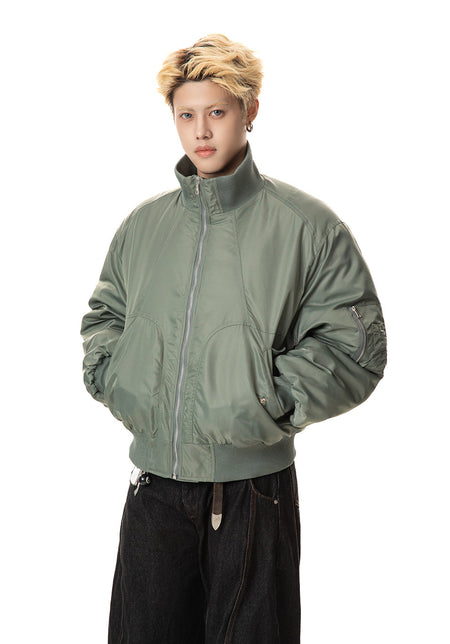 Oversized High-Collar Satin-Lined Vintage Bomber Jacket