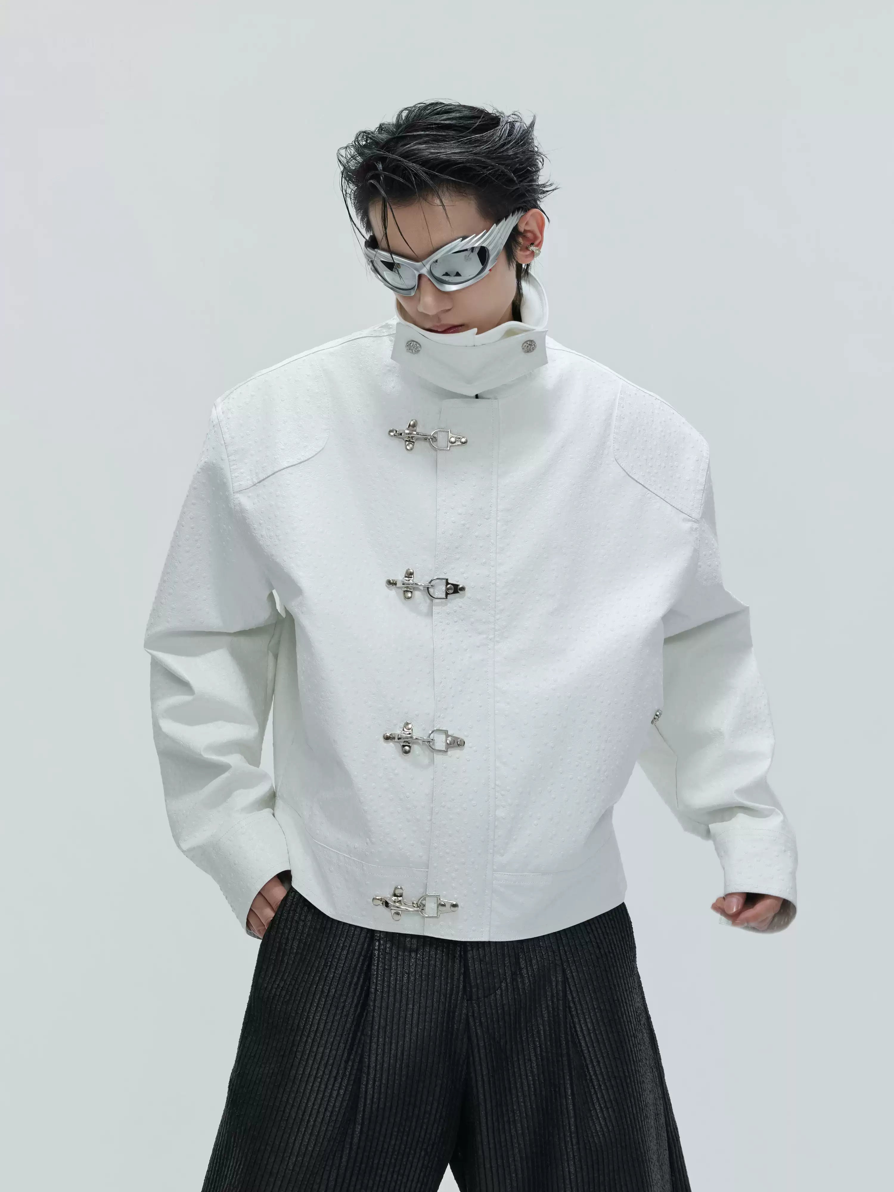 Faux Leather Textured Fireman-Clasp Boxy Jacket - nightcity clothing