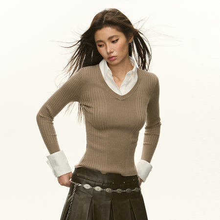 Mock Two-Piece Sweater with Buttoned Cuffs - nightcity clothing
