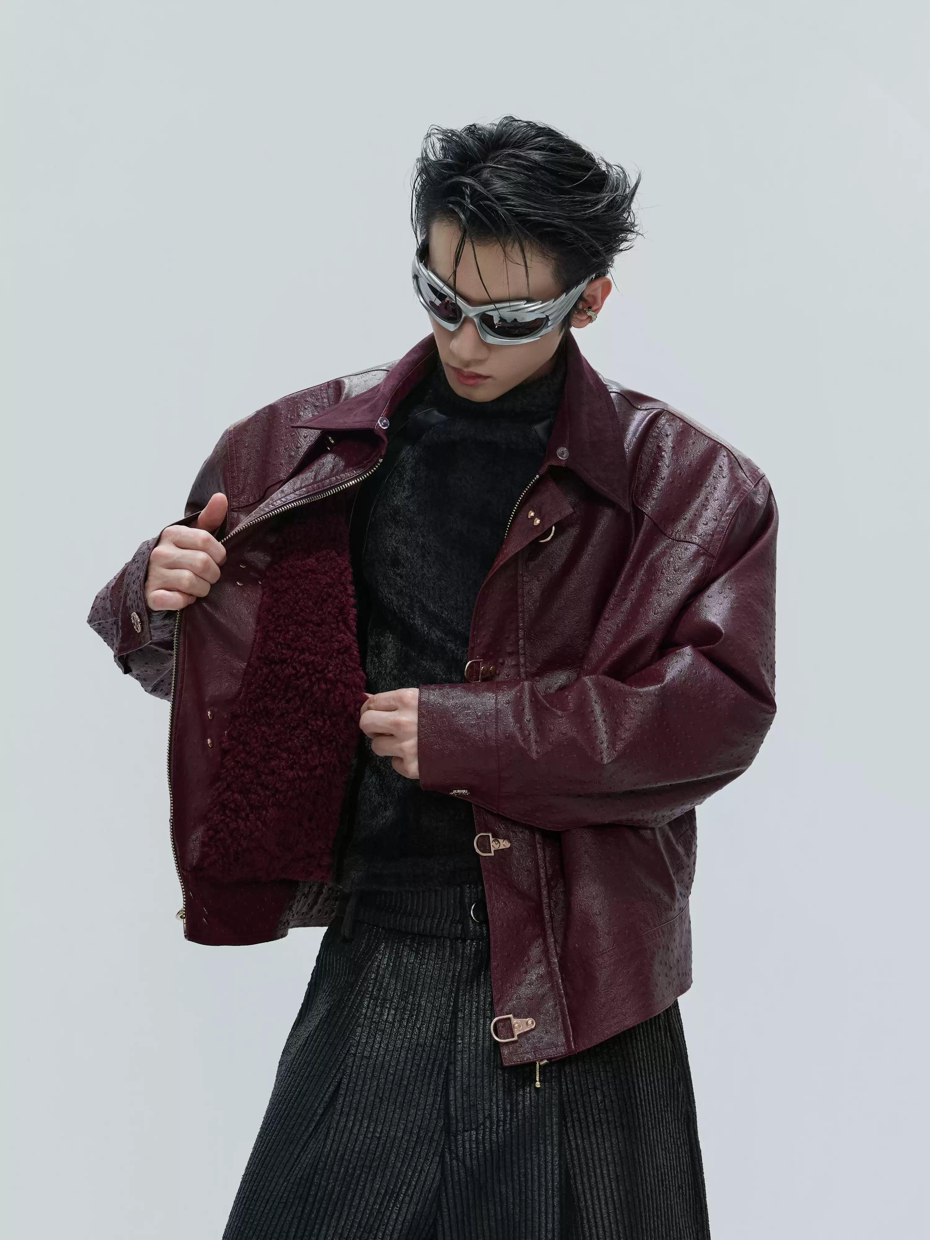Faux Leather Textured Fireman-Clasp Boxy Jacket - nightcity clothing