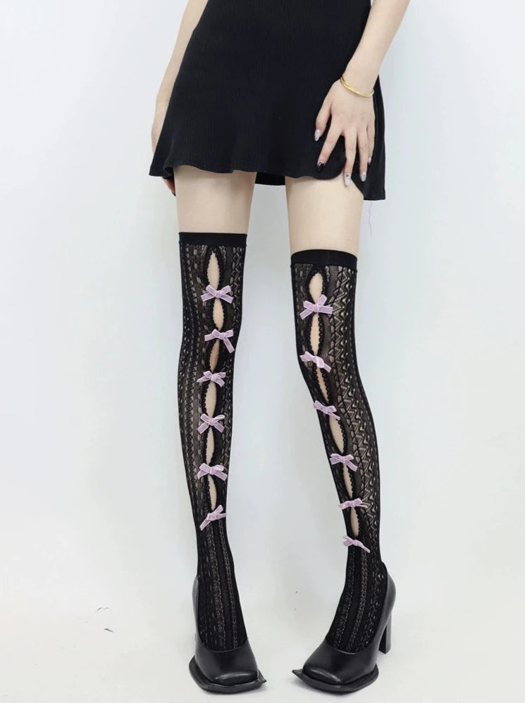 Bow Detail Cut-Out Thigh-High Fishnet Stocking Socks