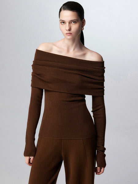Off-Shoulder Ribbed Knit Long Sleeve Sweater Top - nightcity clothing