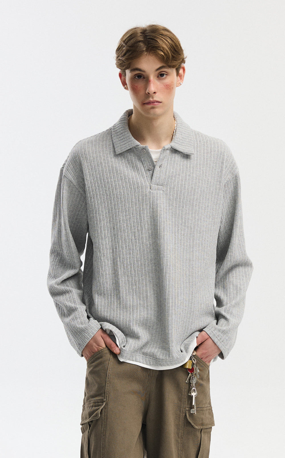 Cable Knit Long Sleeve Polo Pullover Top