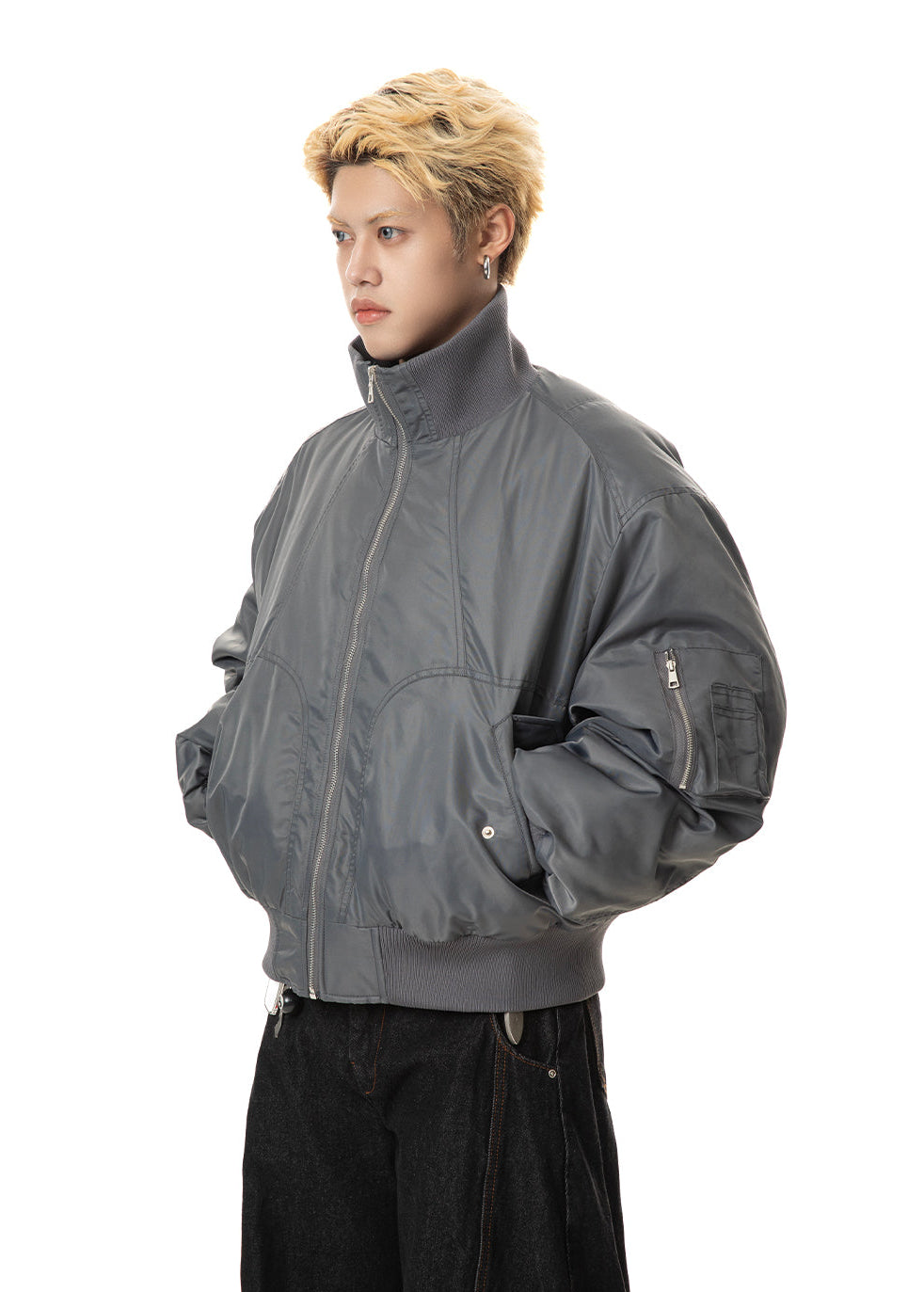 Oversized High-Collar Satin-Lined Vintage Bomber Jacket