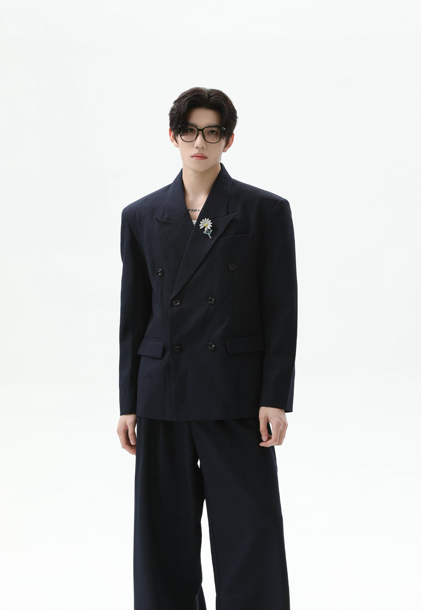 Oversized Double-Breasted Brooch Blazer and Wide-Leg Trousers Set