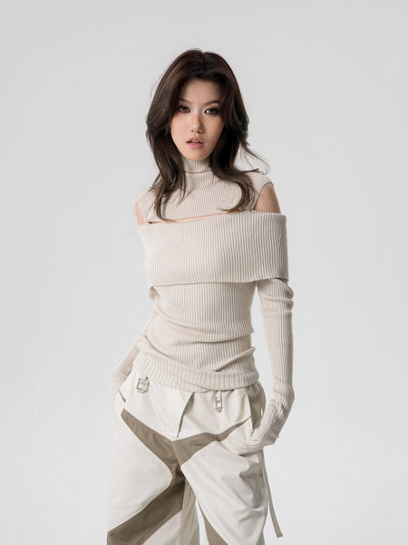 Ribbed Cold-Shoulder Cutout Turtleneck Sweater - nightcity clothing