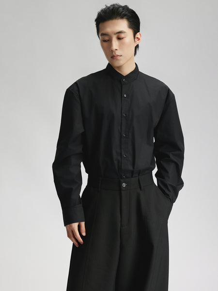 Mandarin Collar Button-Up Shirt with Attached Neck Tie Detail - nightcity clothing