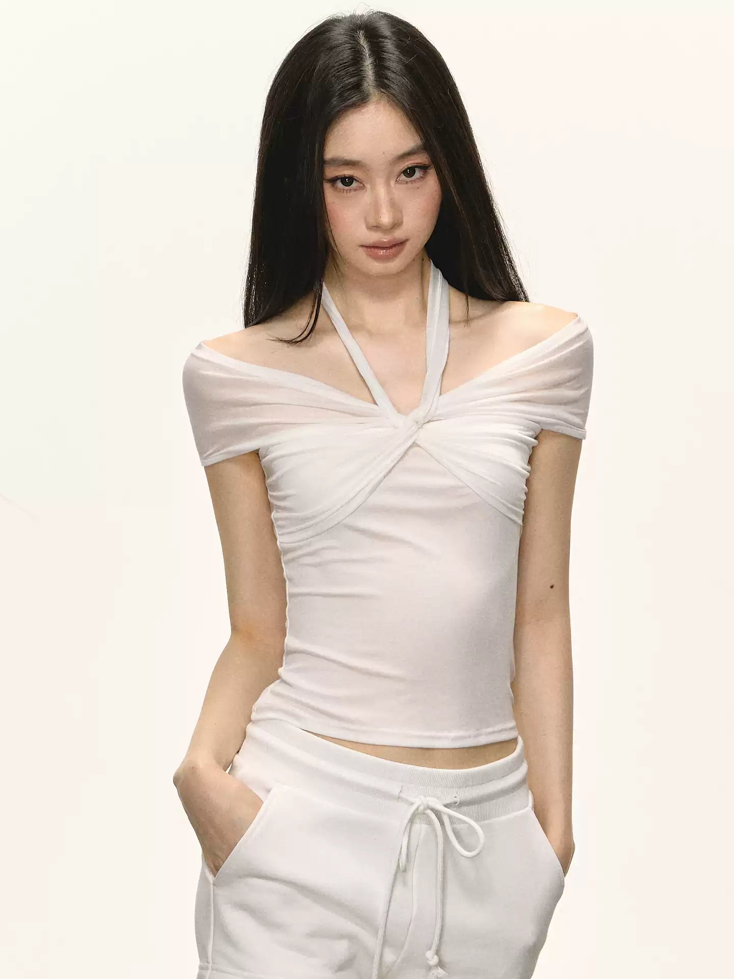 Sheer Off-Shoulder Twist Front Top with Scarf Detail Sheer Off-Shoulder Twist Front Top with Scarf Detail