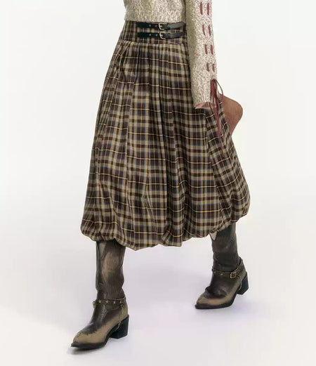 Pleated Plaid Balloon Midi Skirt with Belt Details - nightcity clothing