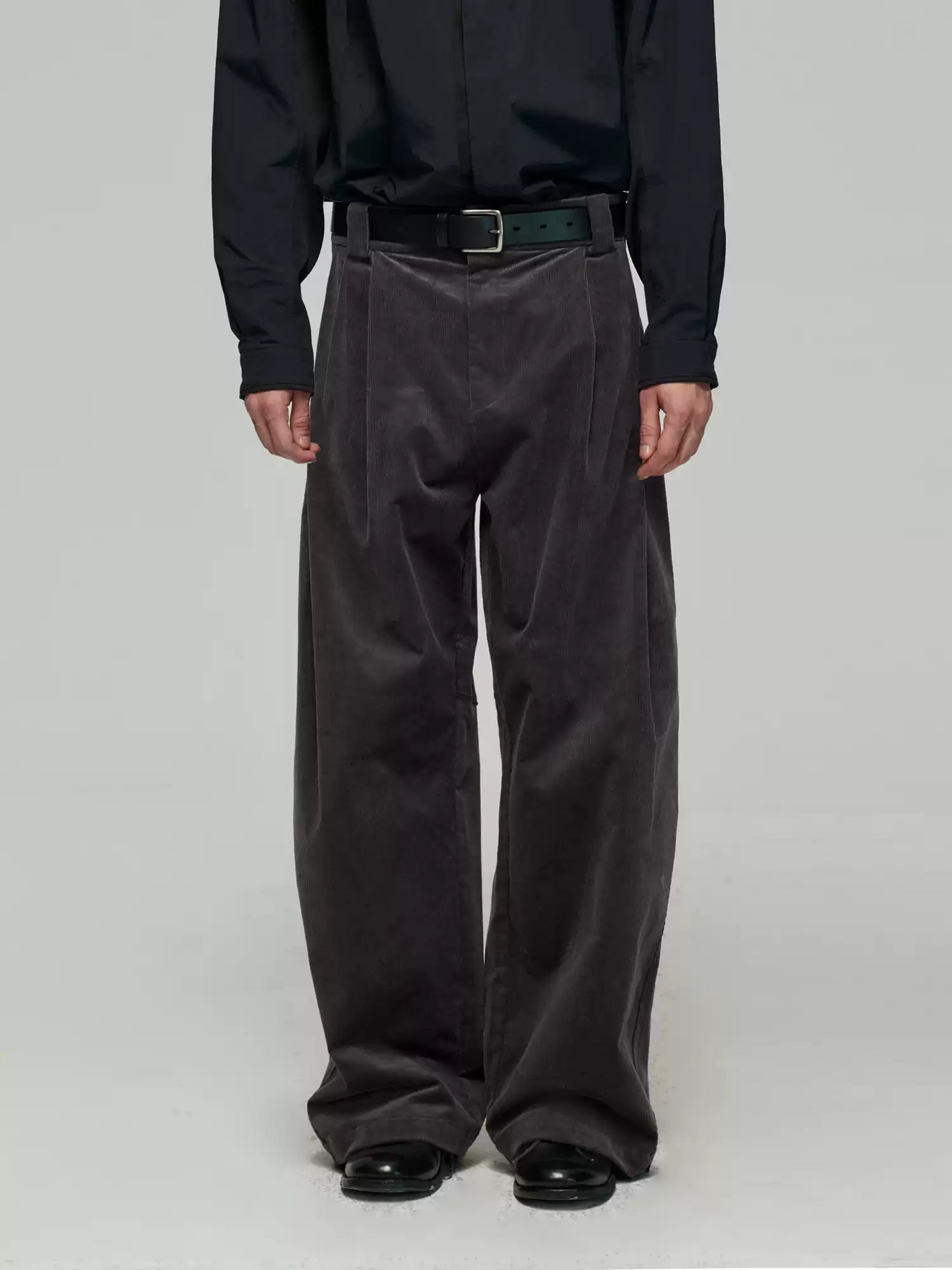 Pleated Wide Leg Corduroy Pants with Chunky Belt Loops