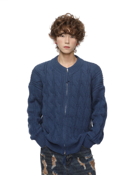 Ribbed Trim Cable Knit Sweater Jacket
