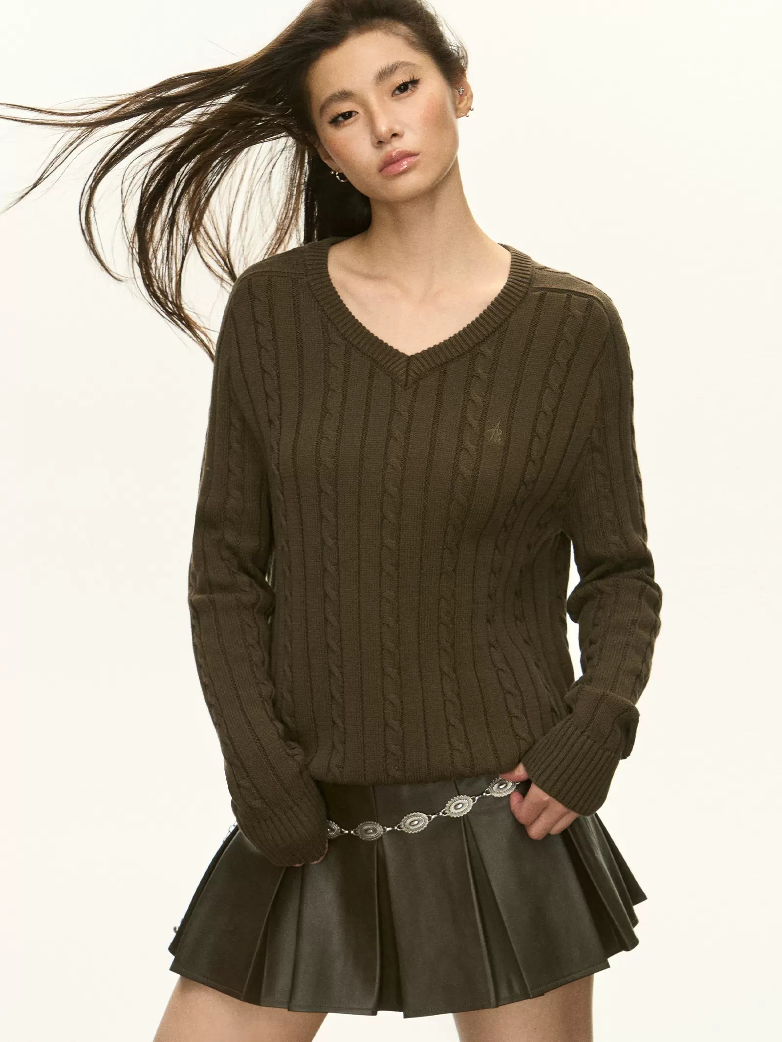 Cable Knit V-Neck Sweater with Ribbed Trim