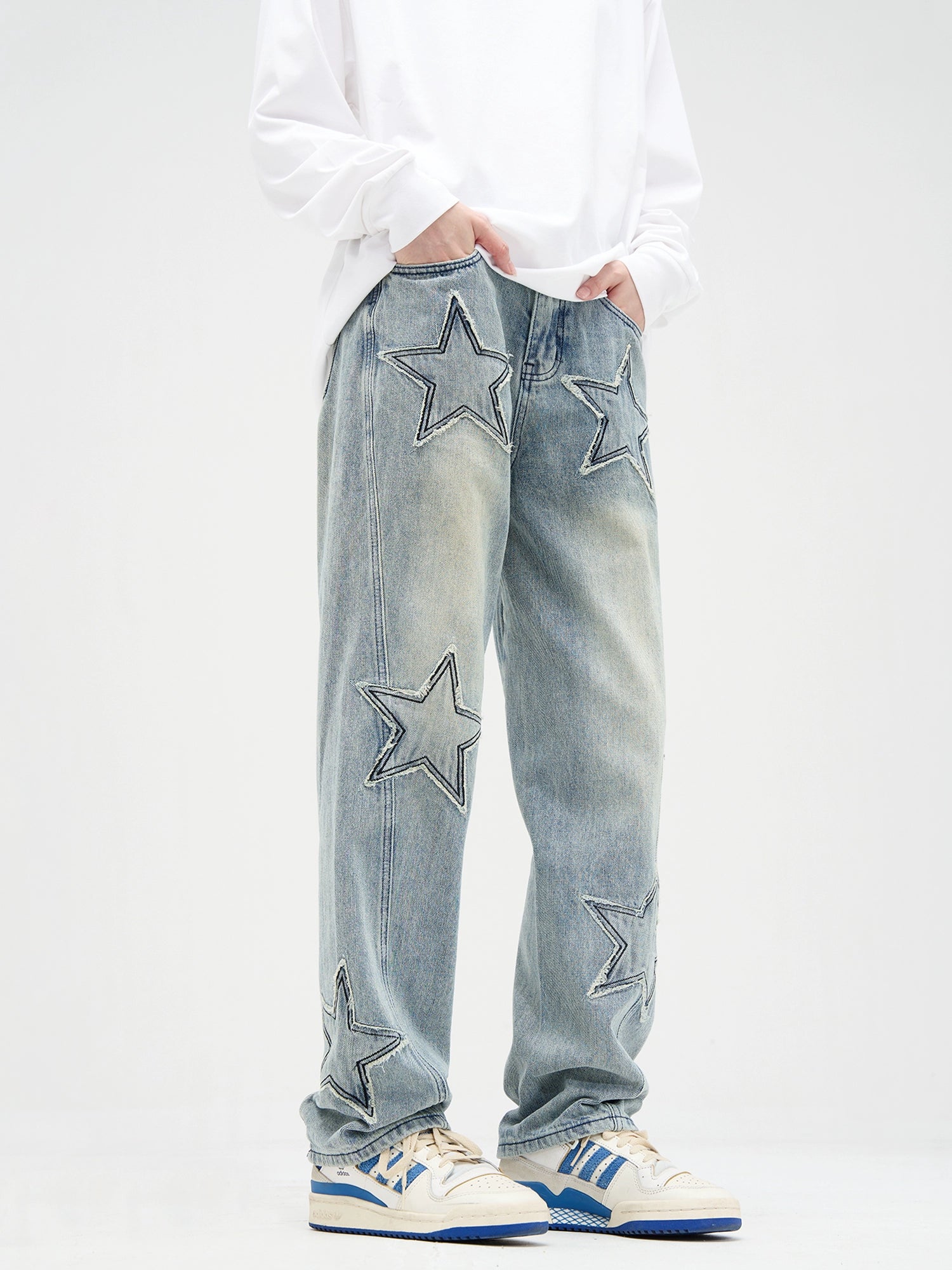 Star Patchwork Faded Straight Fit Jeans