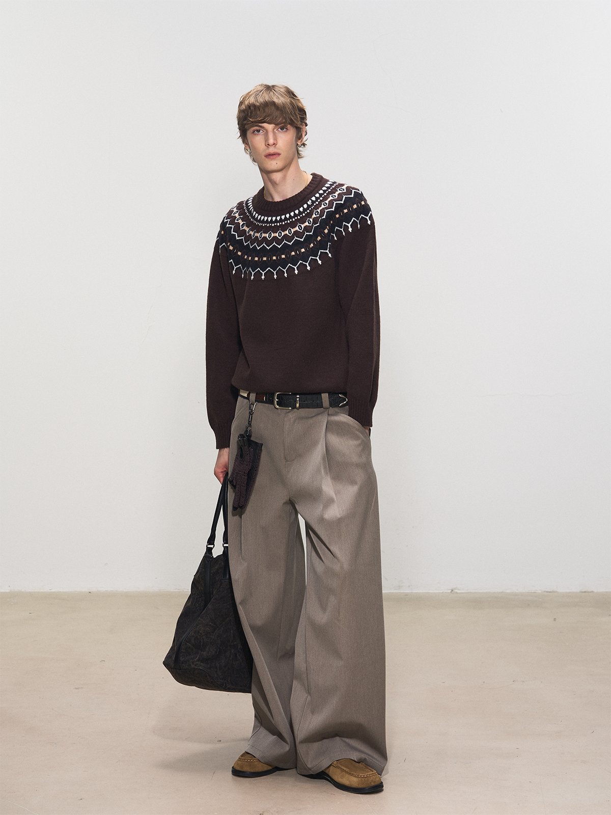 Jacquard Knit Crew Neck Sweater with Fair Isle Pattern