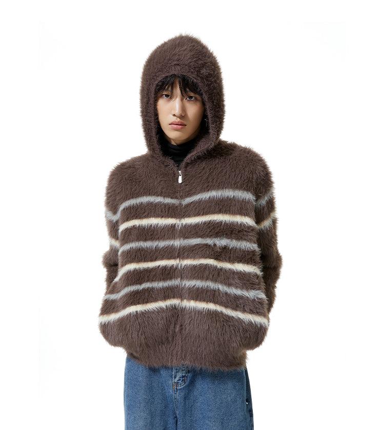 Stripe Fuzzy Zip Hooded Lightweight Jacket