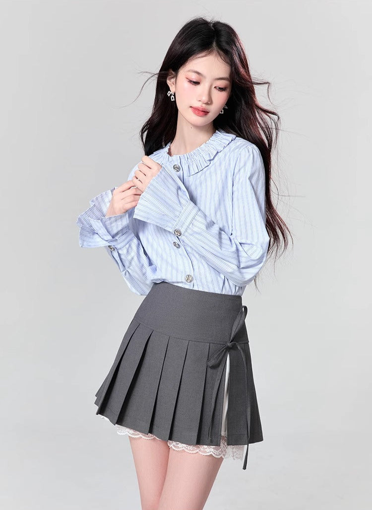 Striped Button-Up Blouse with Ruffled Collar and Flare Cuffed Sleeves