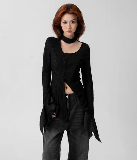 Sheer Knit Wrap-Scarf Top with Textured Pattern - nightcity clothing