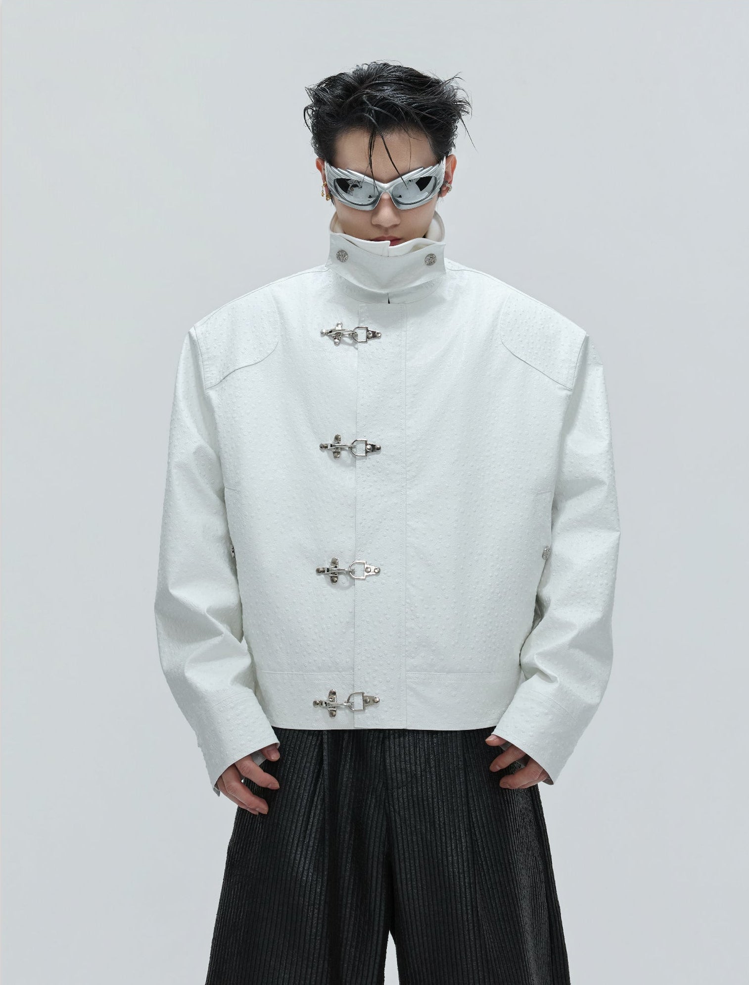 Faux Leather Textured Fireman-Clasp Boxy Jacket - nightcity clothing